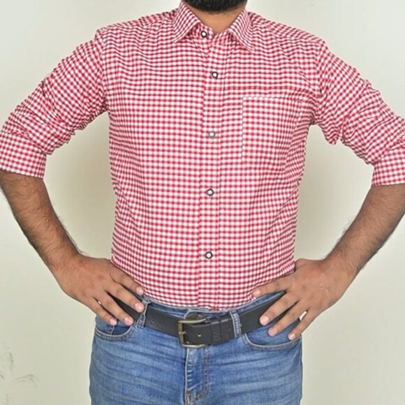Red Bavarian Checked Button Down Shirt | Oktoberfest Costume | German Outfit - Picture 3 of 5